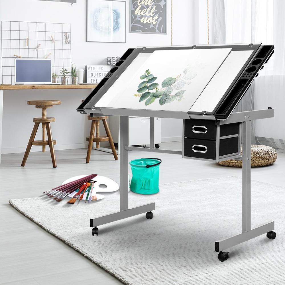 early sale simpledeal Drawing Desk Drafting Table Craft Adjustable Glass Art Tilt Drawers Grey