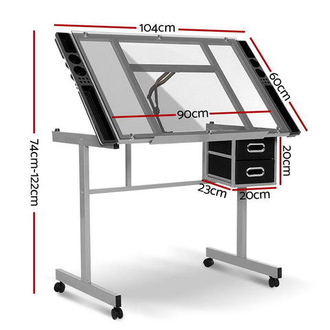 Drawing Desk Drafting Table Craft Adjustable Glass Art Tilt Drawers Grey