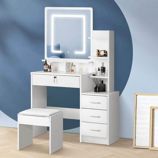 Dressing Table Stool Set Mirror LED Light Storage Cabinet