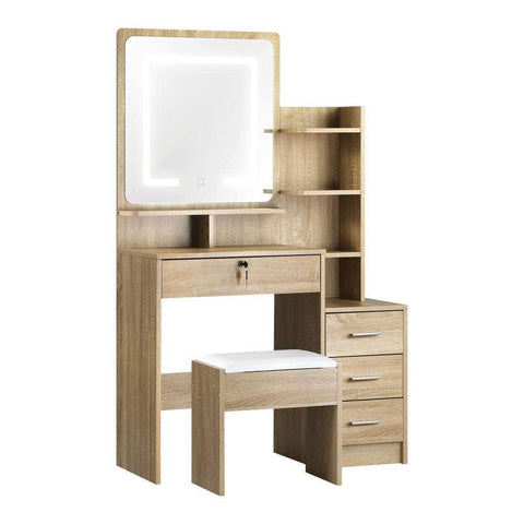 Dressing Table Stool Set Mirror LED Light Storage Cabinet Oak/White