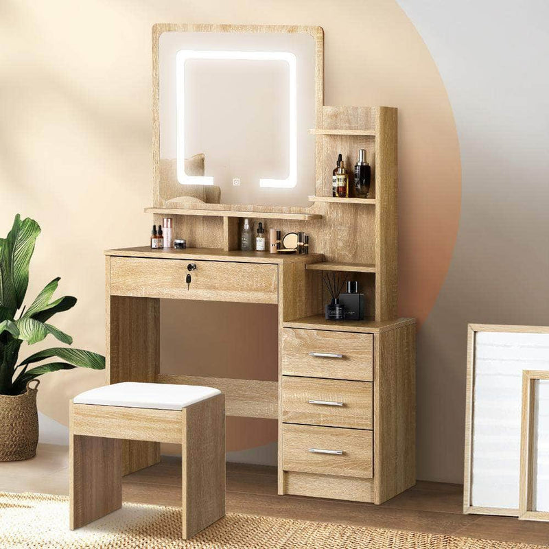 Dressing Table Stool Set Mirror LED Light Storage Cabinet Oak/White | Oak colour