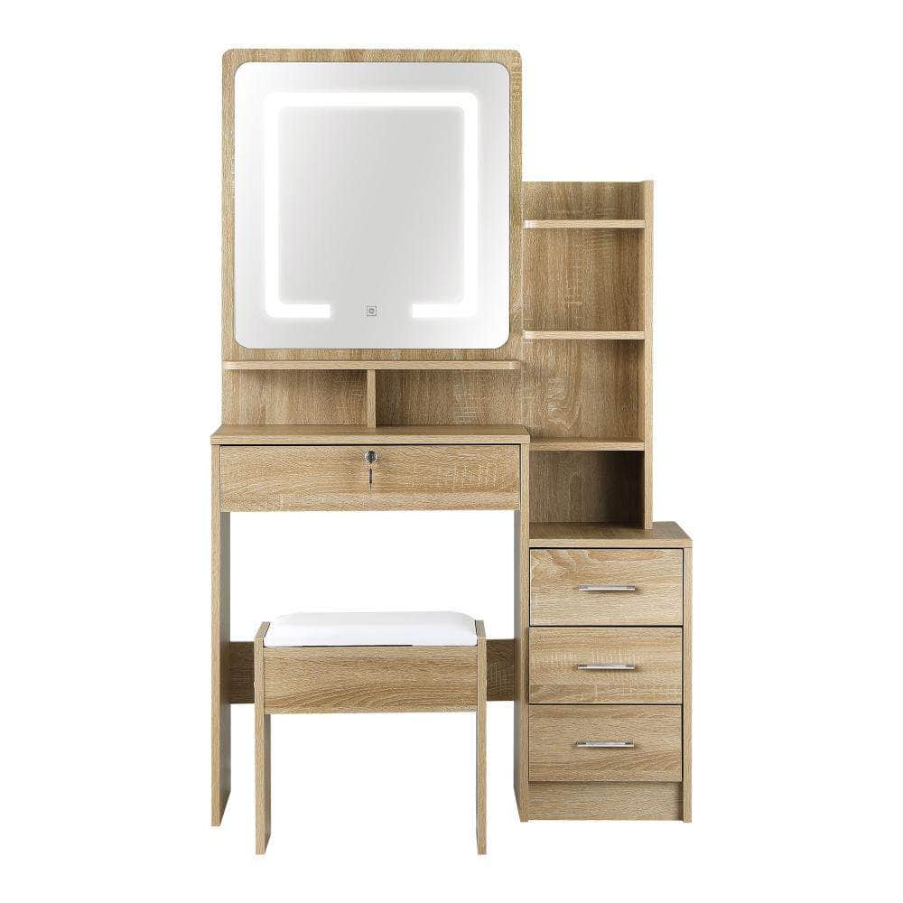 Dressing Table Stool Set Mirror LED Light Storage Cabinet Oak/White