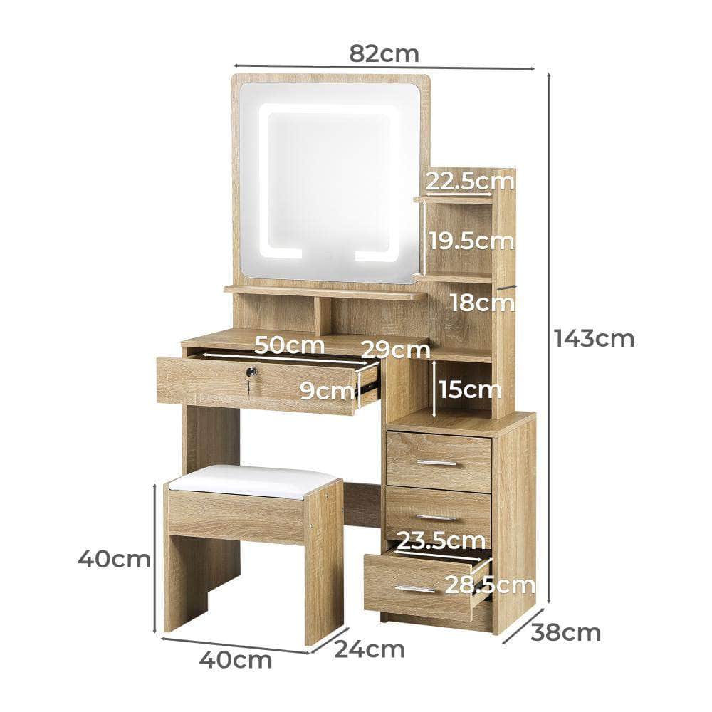 Dressing Table Stool Set Mirror LED Light Storage Cabinet Oak/White