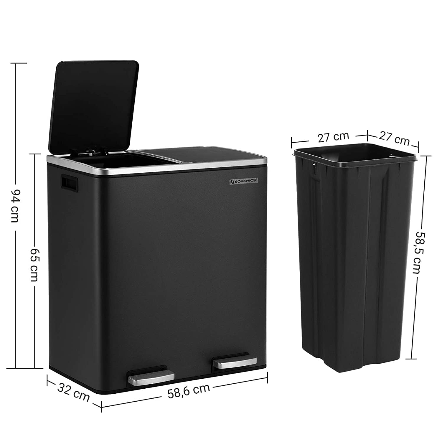 Dual Rubbish Bin 2 x 30L Recycling Bin Black