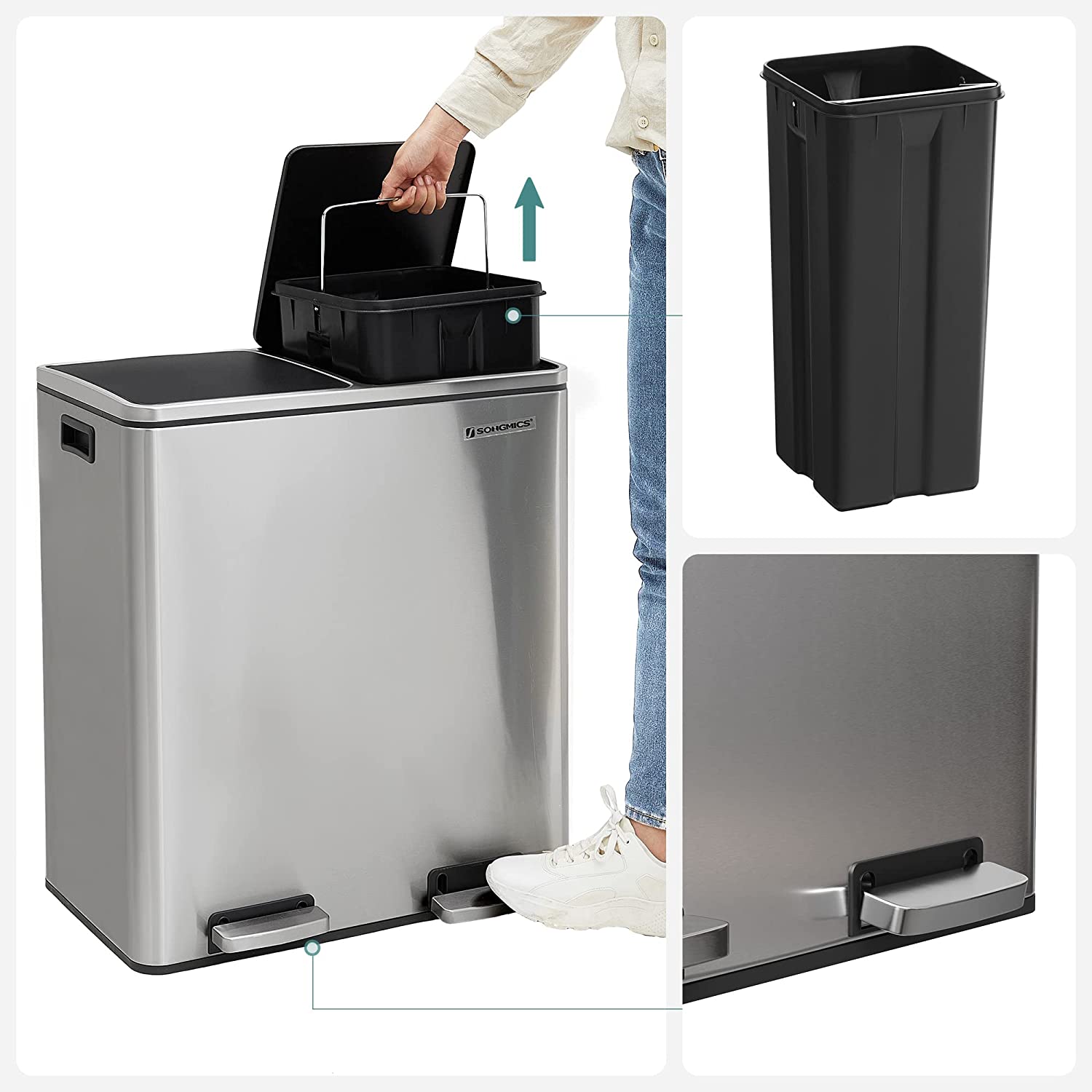 Dual Rubbish Bin 2 x 30L Sliver