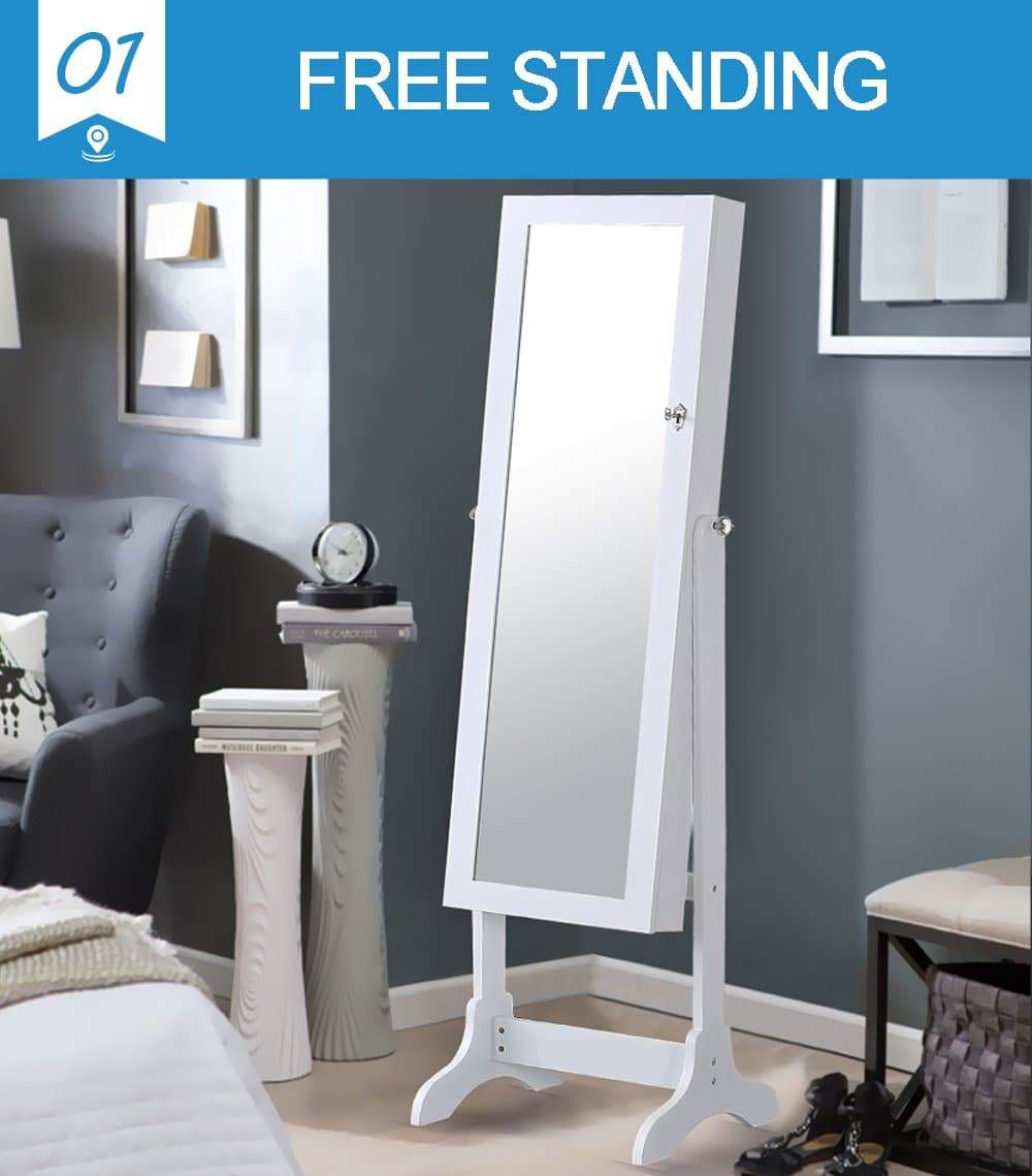 bedroom Dual Use Mirrored Jewellery Dressing Cabinet with LED Light White Colour