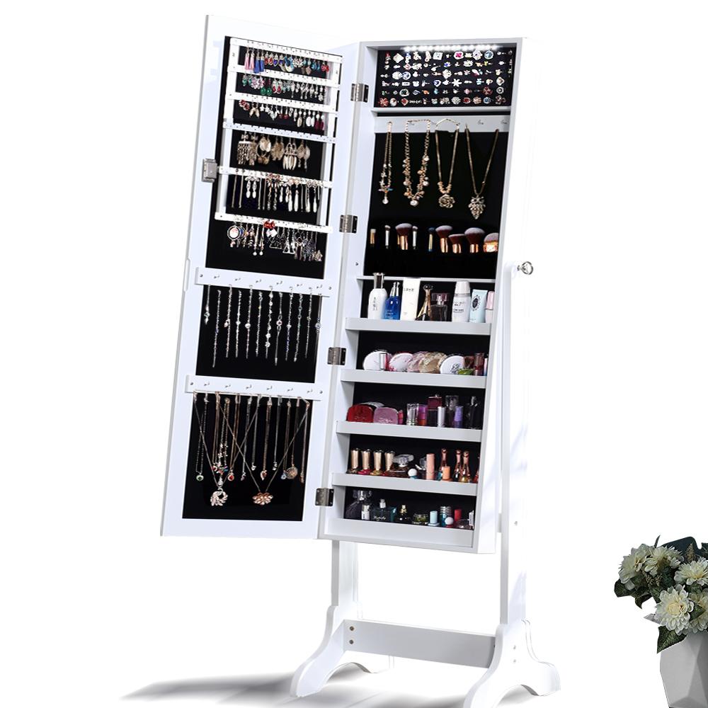 bedroom Dual Use Mirrored Jewellery Dressing Cabinet with LED Light White Colour