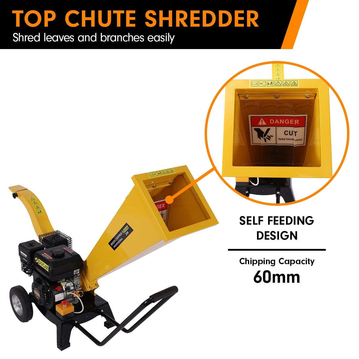 Ducar 7Hp Wood Chipper Shredder Mulcher Grinder Petrol Yellow
