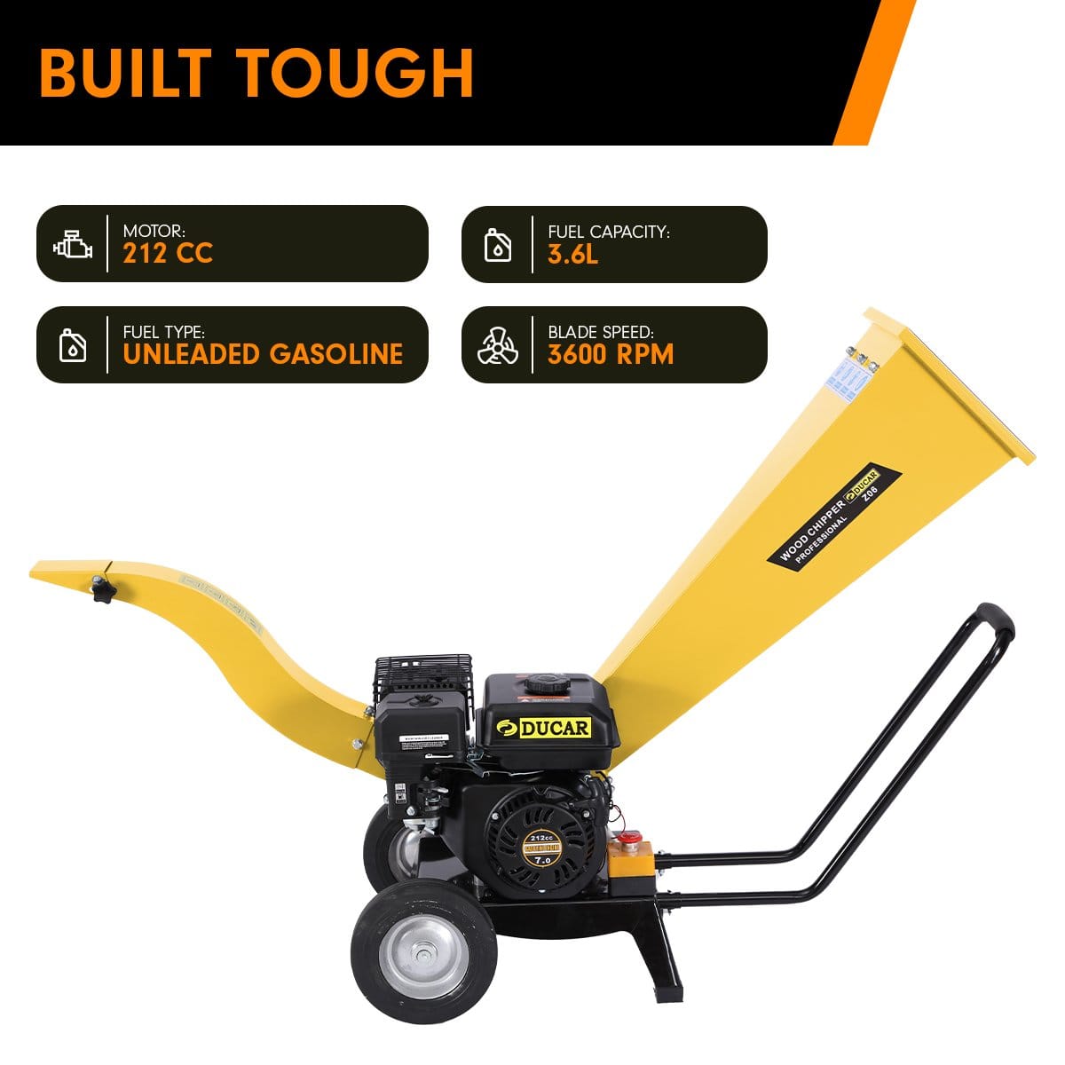 Ducar 7Hp Wood Chipper Shredder Mulcher Grinder Petrol Yellow