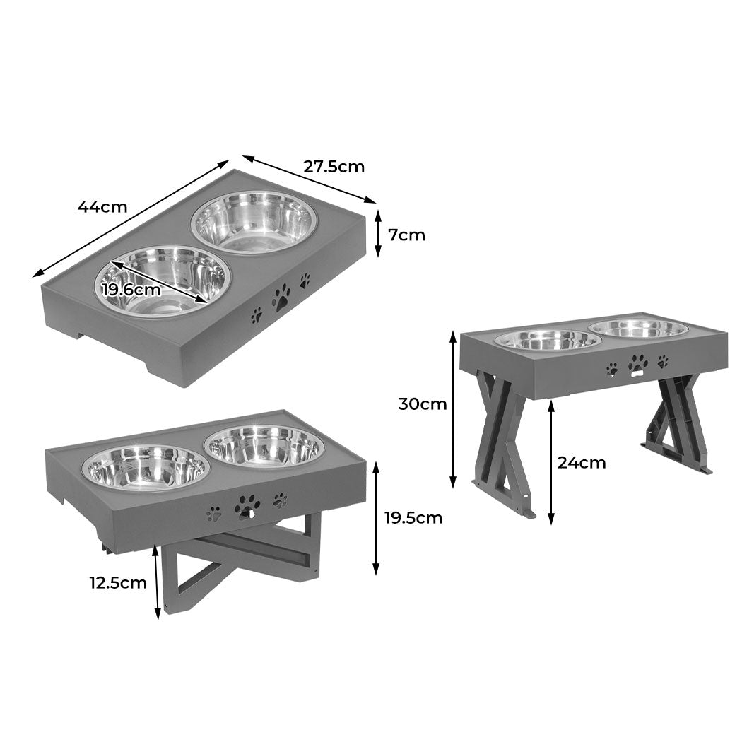 Elevated Dog Bowls Stand Pet Feeder Food Water Adjustable Height Raised Grey