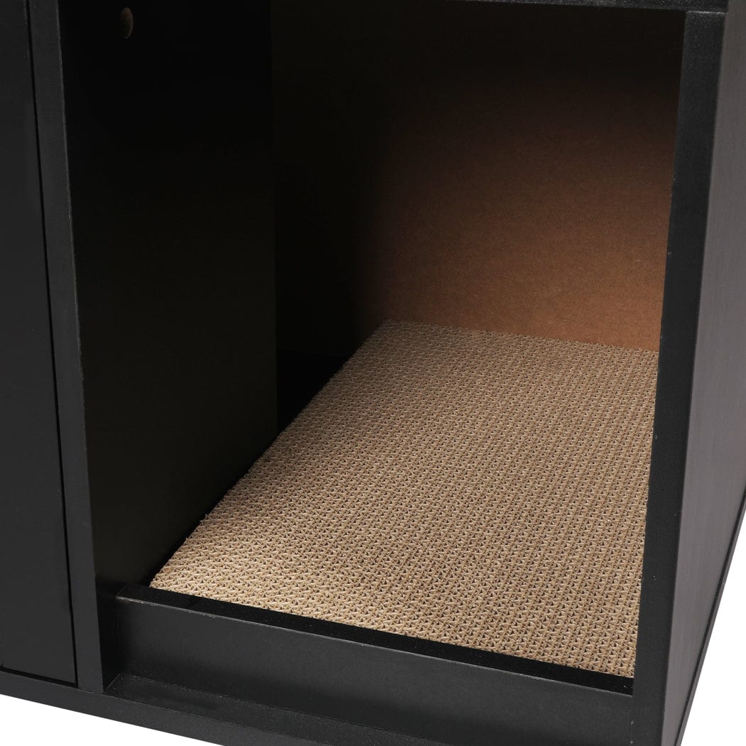 Enclosed Hooded Cat Litter Box Furniture Scratch Board Side Table Black