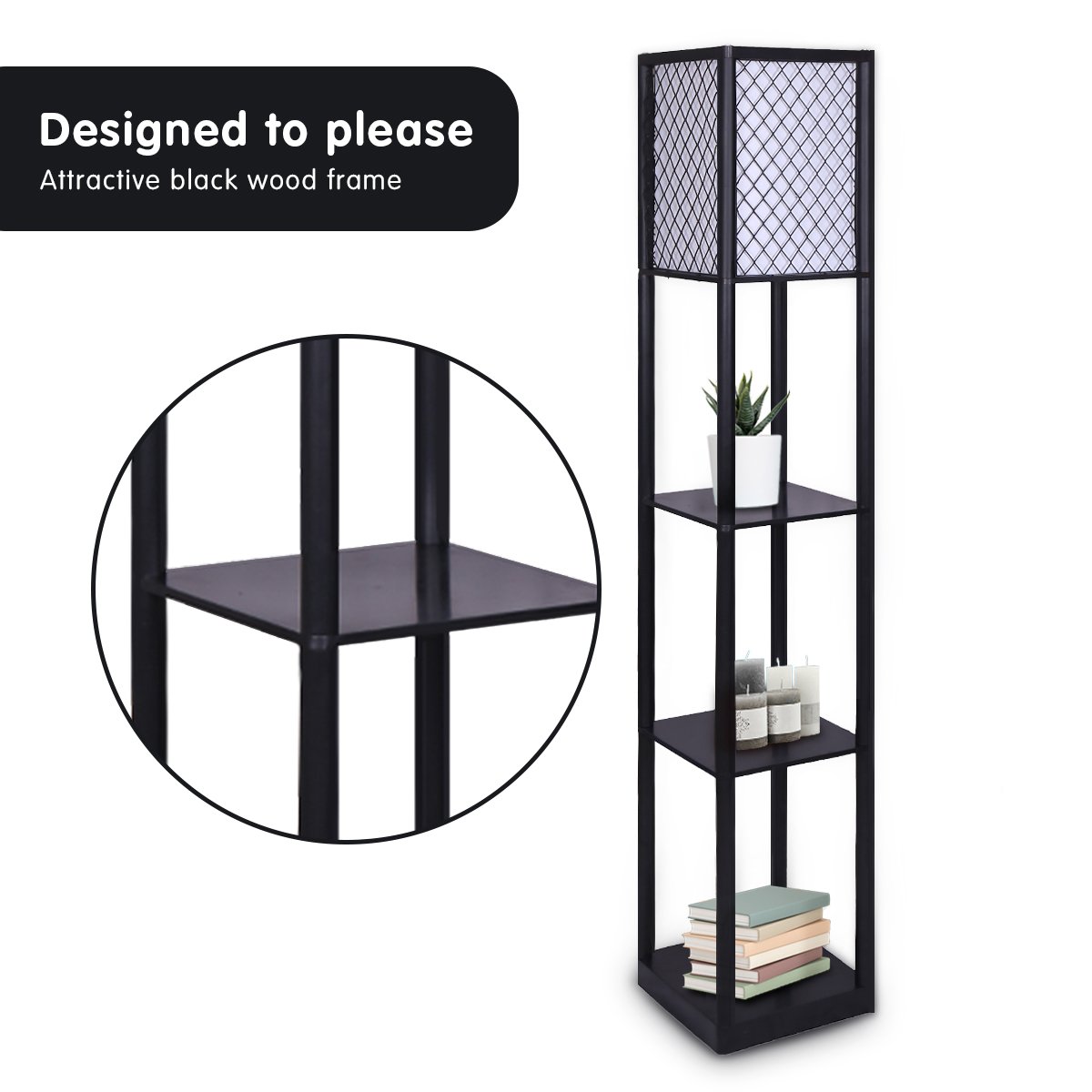 Floor Lamp Diamond Design Fabric Shade with Shelves Black