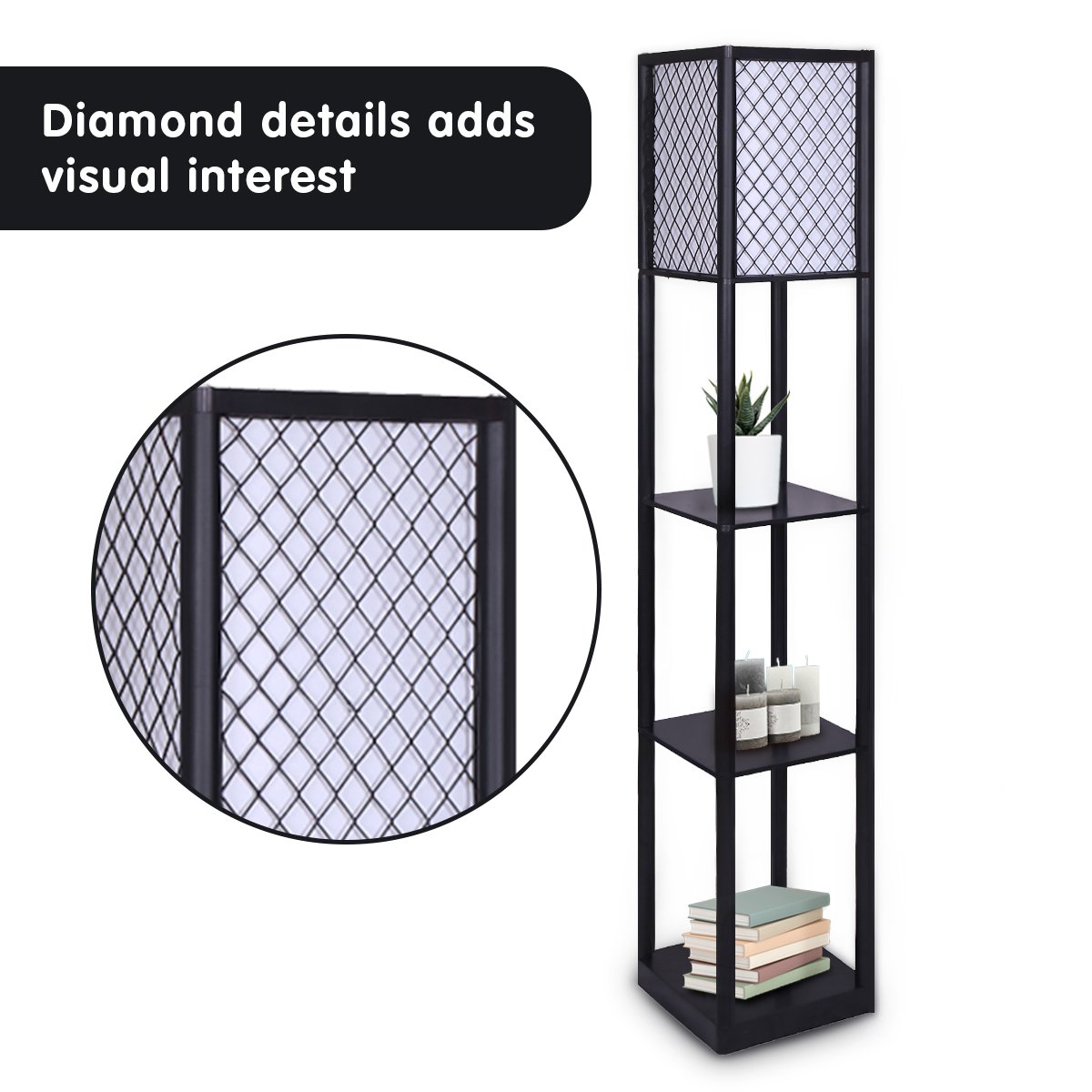 Floor Lamp Diamond Design Fabric Shade with Shelves Black