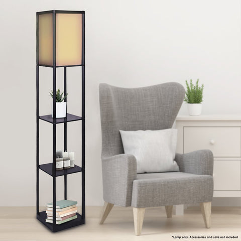 Floor Lamp Shelves in Black Frame with Brown Fabric Shade