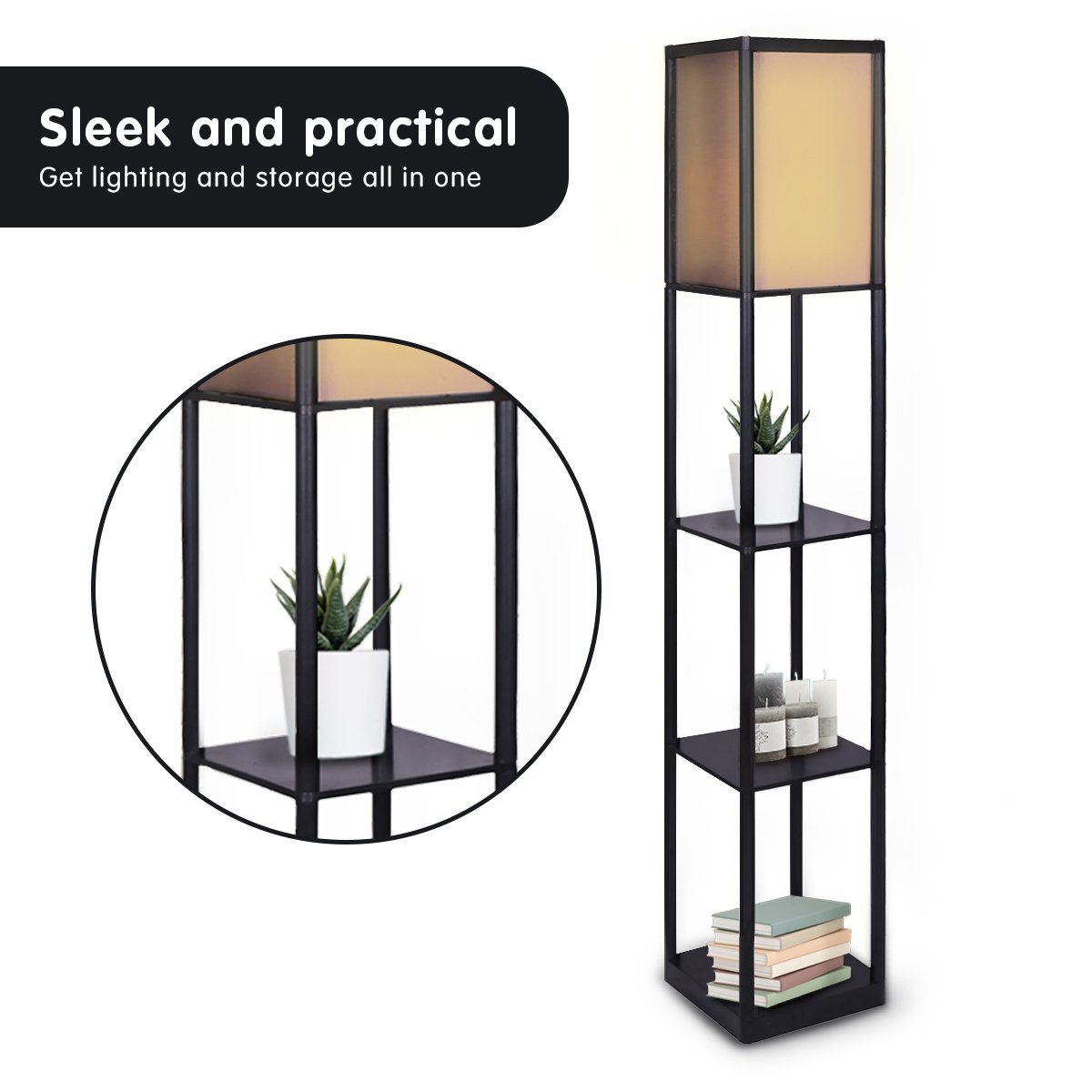 Floor Lamp Shelves in Black Frame with Brown Fabric Shade