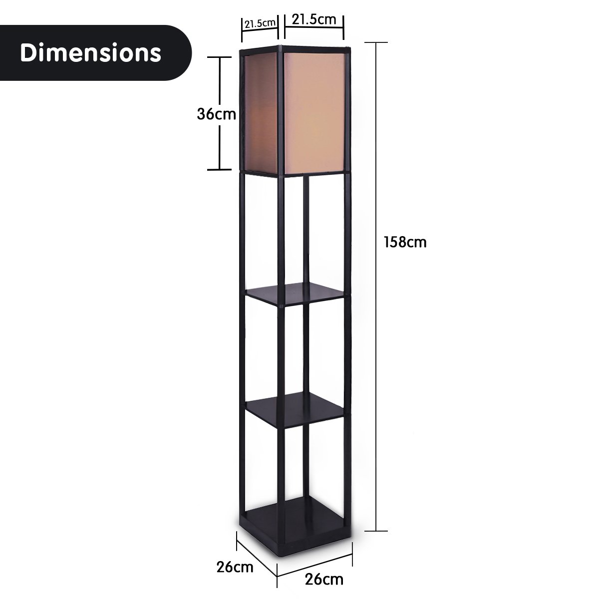 Floor Lamp Shelves in Black Frame with Brown Fabric Shade