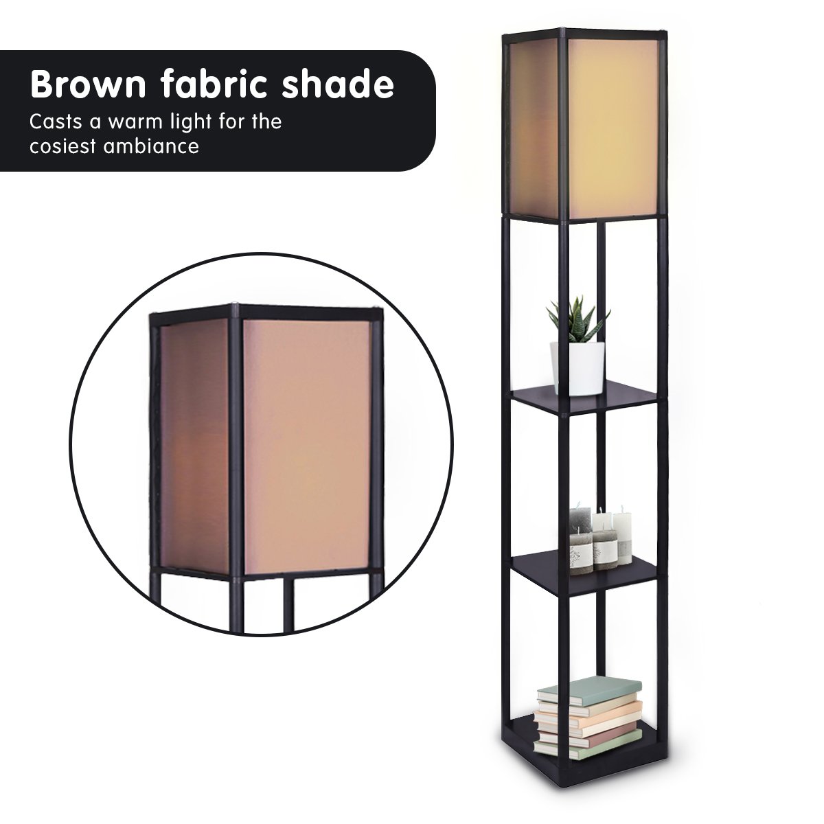 Floor Lamp Shelves in Black Frame with Brown Fabric Shade