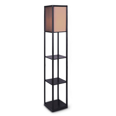 Floor Lamp Shelves in Black Frame with Brown Fabric Shade