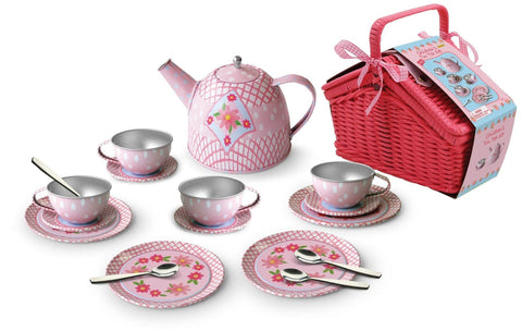Floral Tin Tea Set In Picnic Basket 18Pcs