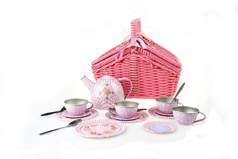 Floral Tin Tea Set In Picnic Basket 18Pcs