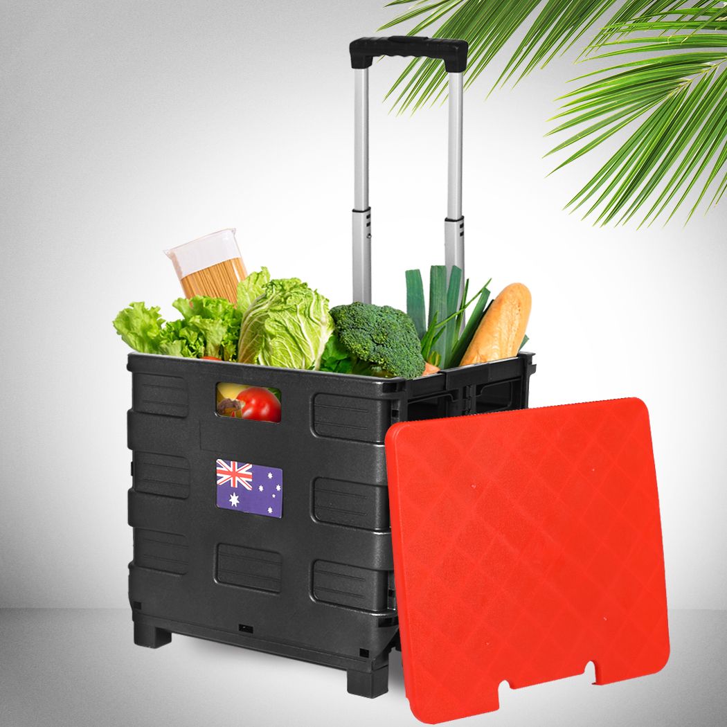 Foldable Shopping Cart Trolley Pack & Roll Folding Grocery Basket Crate Portable Black & Red