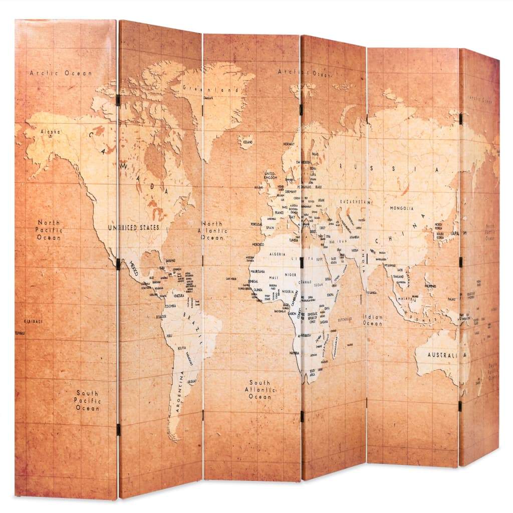 Folding Room Divider 228x180 cm World Map Yellow