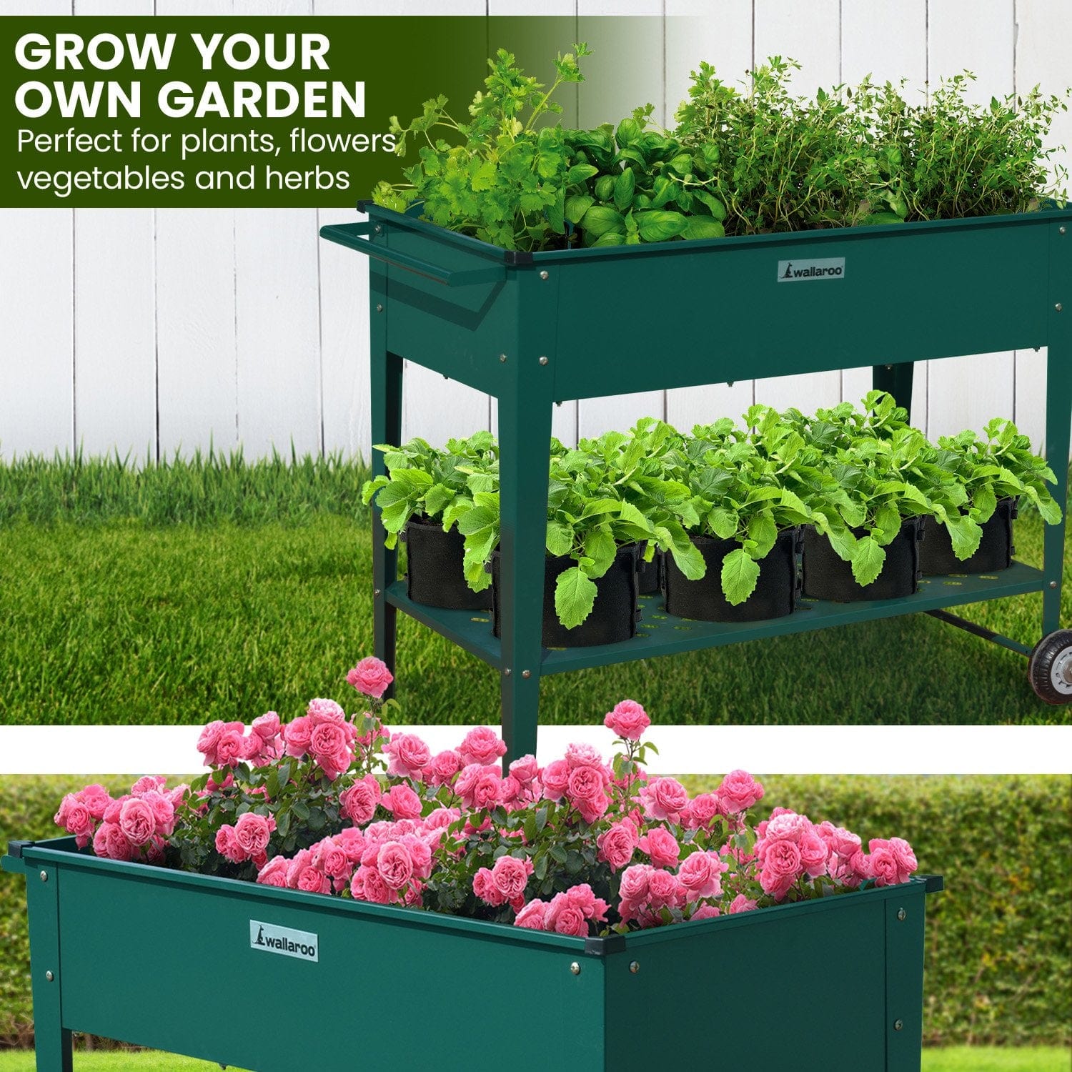 Garden Bed Cart Raised Planter Box 108.5 x 50.5 x 80cm Galvanized Steel - Green