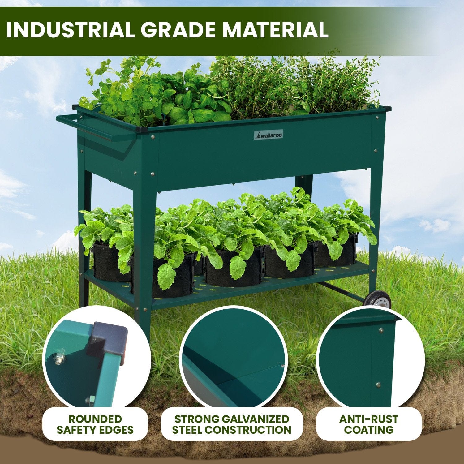 Garden Bed Cart Raised Planter Box 108.5 x 50.5 x 80cm Galvanized Steel - Green