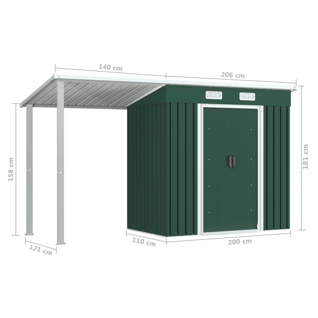Garden Shed with Extended Roof Green 346x121x181 cm Steel