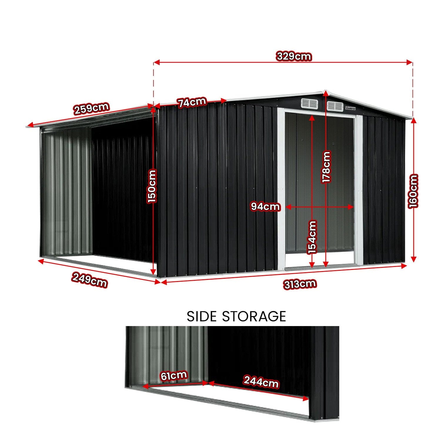 Garden Shed with Semi-Closed Storage 8*8FT - Black