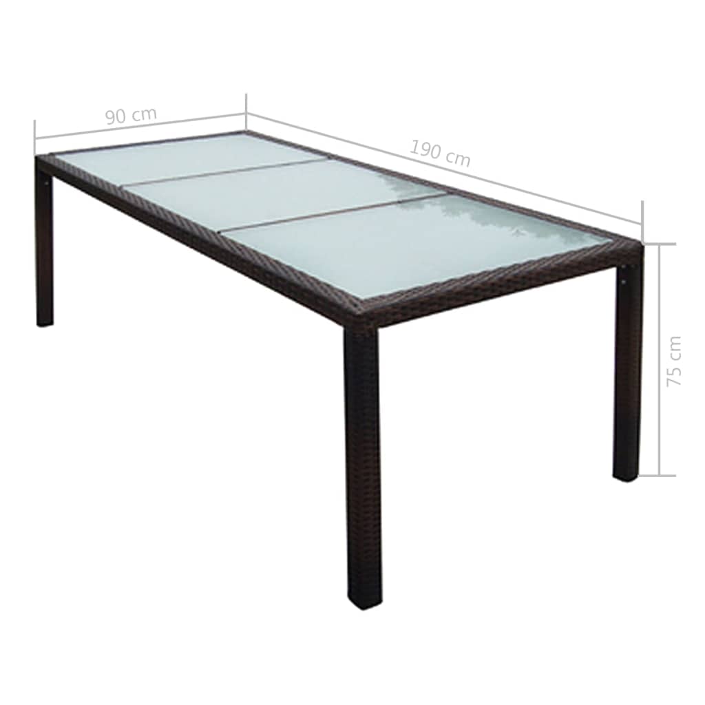 Garden Table 190x90x75 cm Brown Poly Rattan and Glass