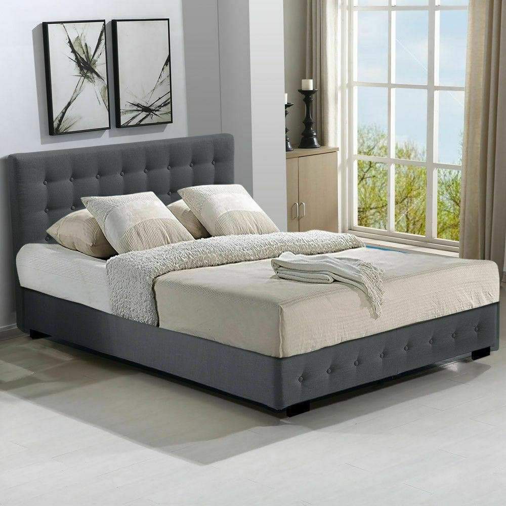 bedroom Gas Lift Bed Frame Fabric Base Mattress Storage Queen Size Dark Grey