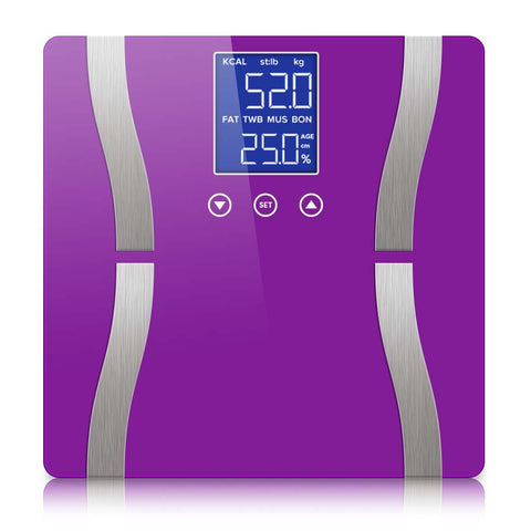 Glass LCD Digital Body Fat Scale Bathroom Electronic Gym Water Weighing Scales Purple