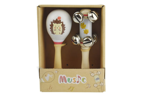 Hedgehog Wooden Maraca & Bell Stick Set