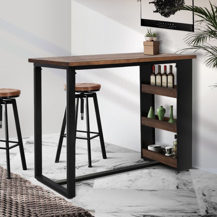 High Bar Table Industrial Pub Table With 3-Tier Storage Shelf Solid Wood