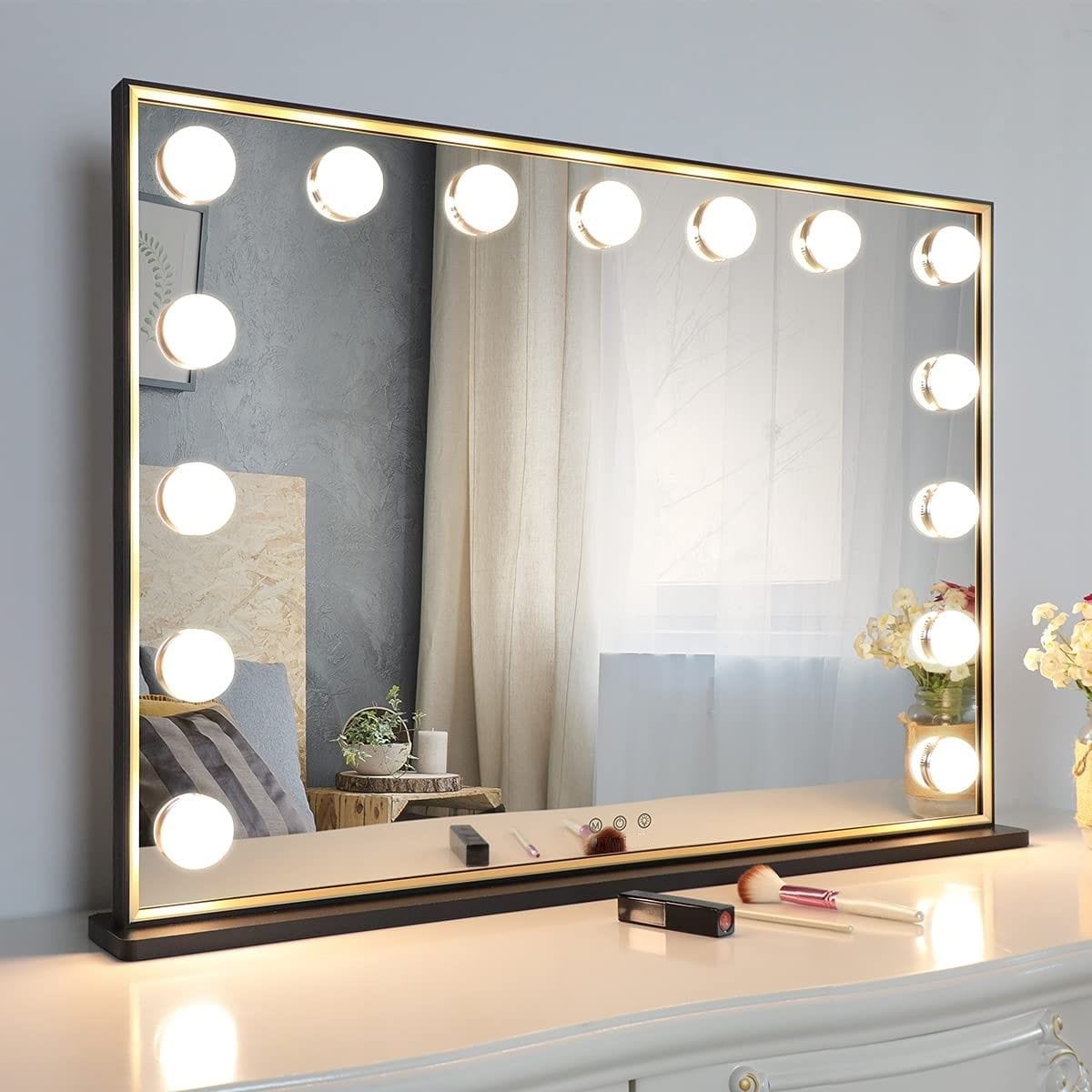 Hollywood Makeup Vanity Mirror with LED Lights and with Smart Button Black, 77 x 55 cm