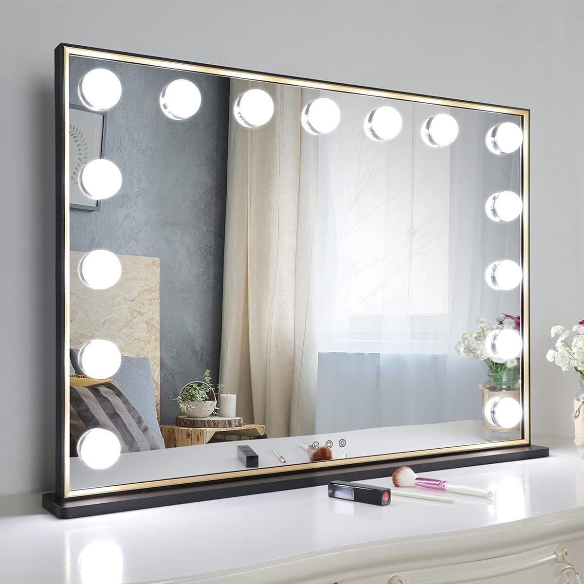 Hollywood Makeup Vanity Mirror with LED Lights and with Smart Button Black, 77 x 55 cm