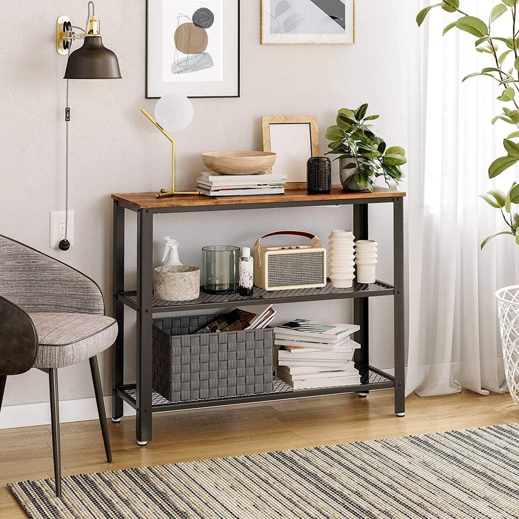Industrial Console Table with 2 Mesh Shelves Rustic Brown and Black