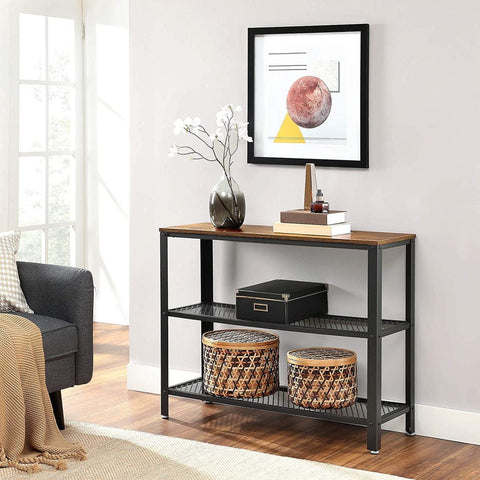 Industrial Console Table with 2 Mesh Shelves Rustic Brown and Black