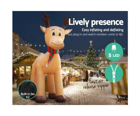 Jingle Jollys 5M Christmas Inflatable Reindeer Giant Deer Air-Power Light Inside