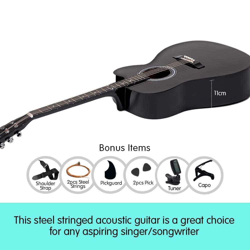 Karrera 38in Pro Cutaway Acoustic Guitar with Carry Bag - Black