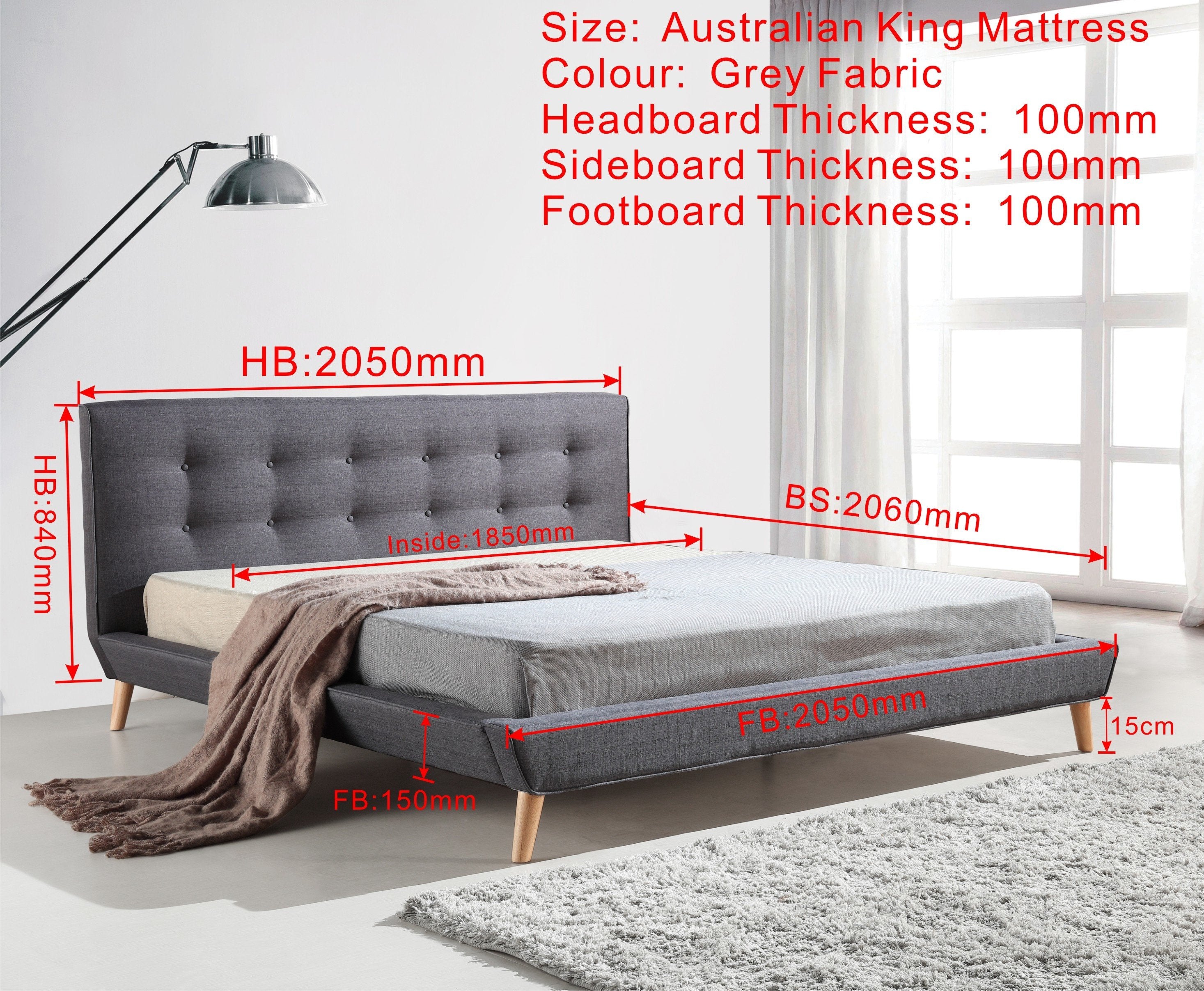Bedroom King Linen Fabric Deluxe Bed Frame Grey