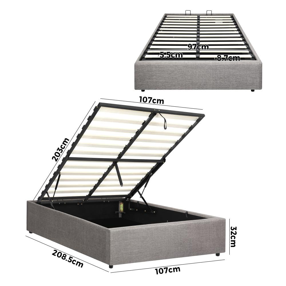 King Single Bed Frame Mattress Base with Lift Gas Beige