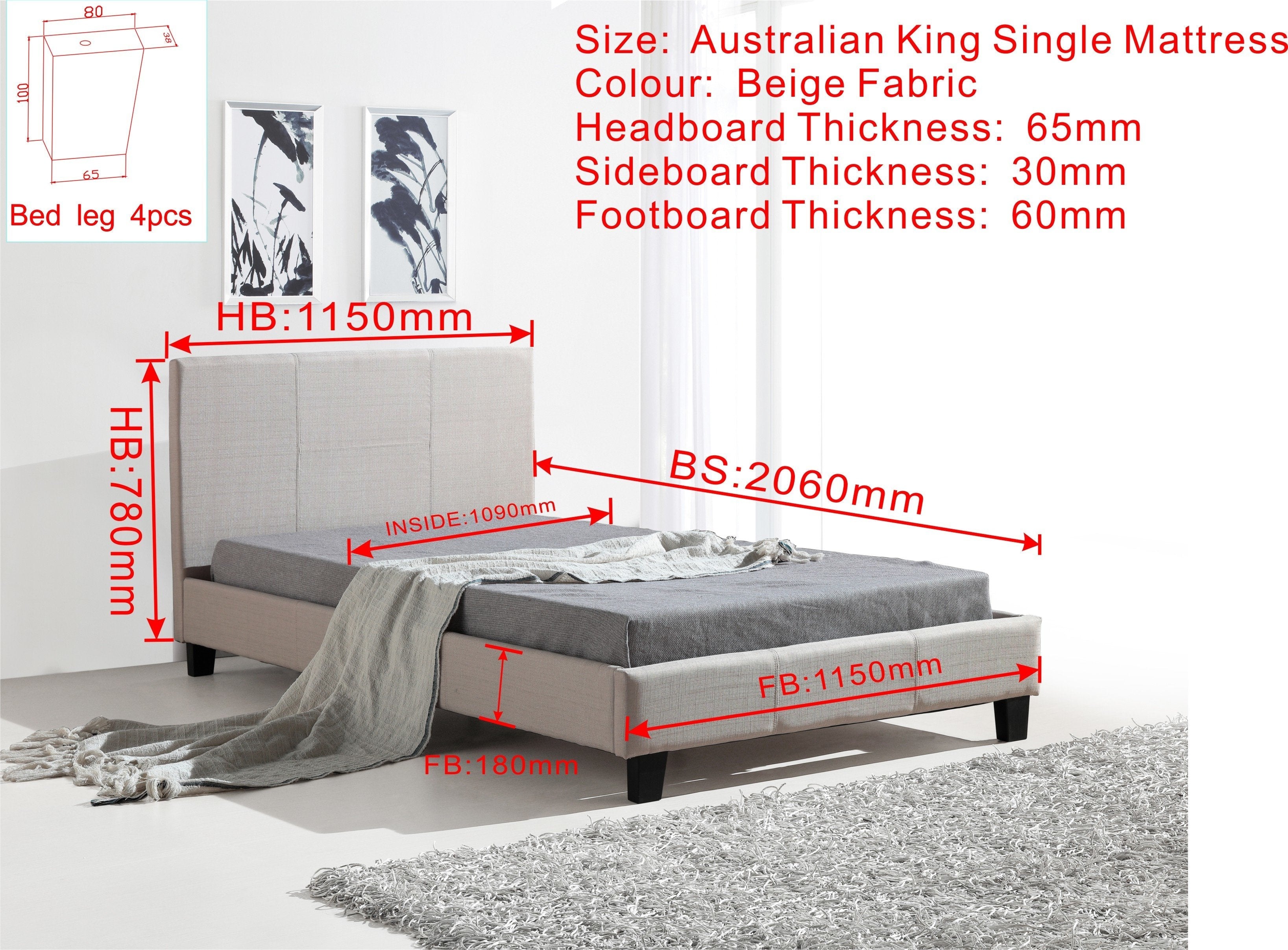 Bedroom King Single Linen Fabric Bed Frame Beige