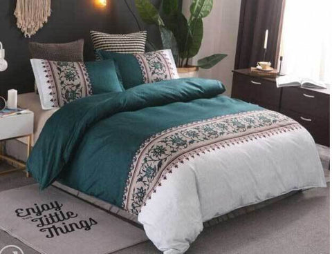 Home & Garden > Bedding King Size 3pcs Teal Green Striped Floral Quilt Cover Set