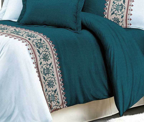 King Size 3pcs Teal Green Striped Floral Quilt Cover Set