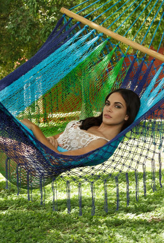 King Size Outdoor Cotton Mexican Resort Hammock With Fringe in Oceanica Colour