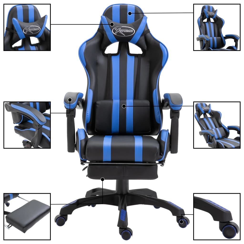 Leather Gaming Chair with Footrest Blue