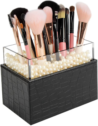 Leather Makeup Brush Cosmetic Organiser Storage Box with Pink Pearls and Acrylic Cover Black