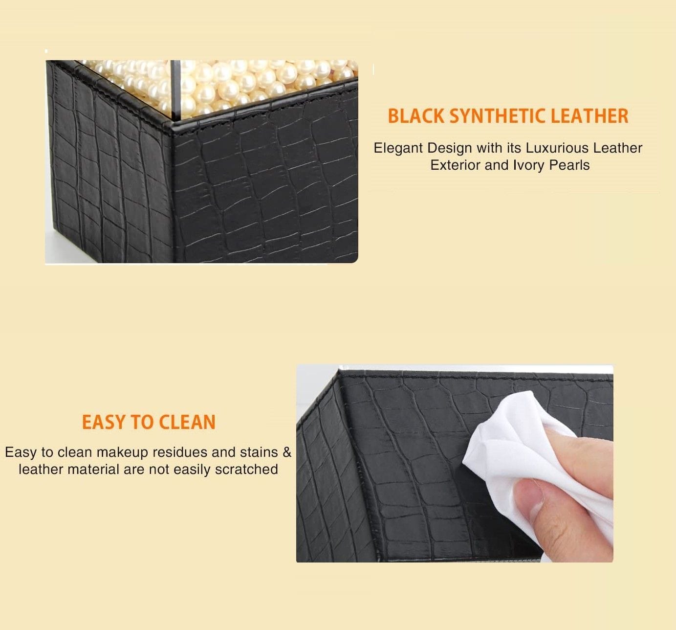Leather Makeup Brush Cosmetic Organiser Storage Box with Pink Pearls and Acrylic Cover Black